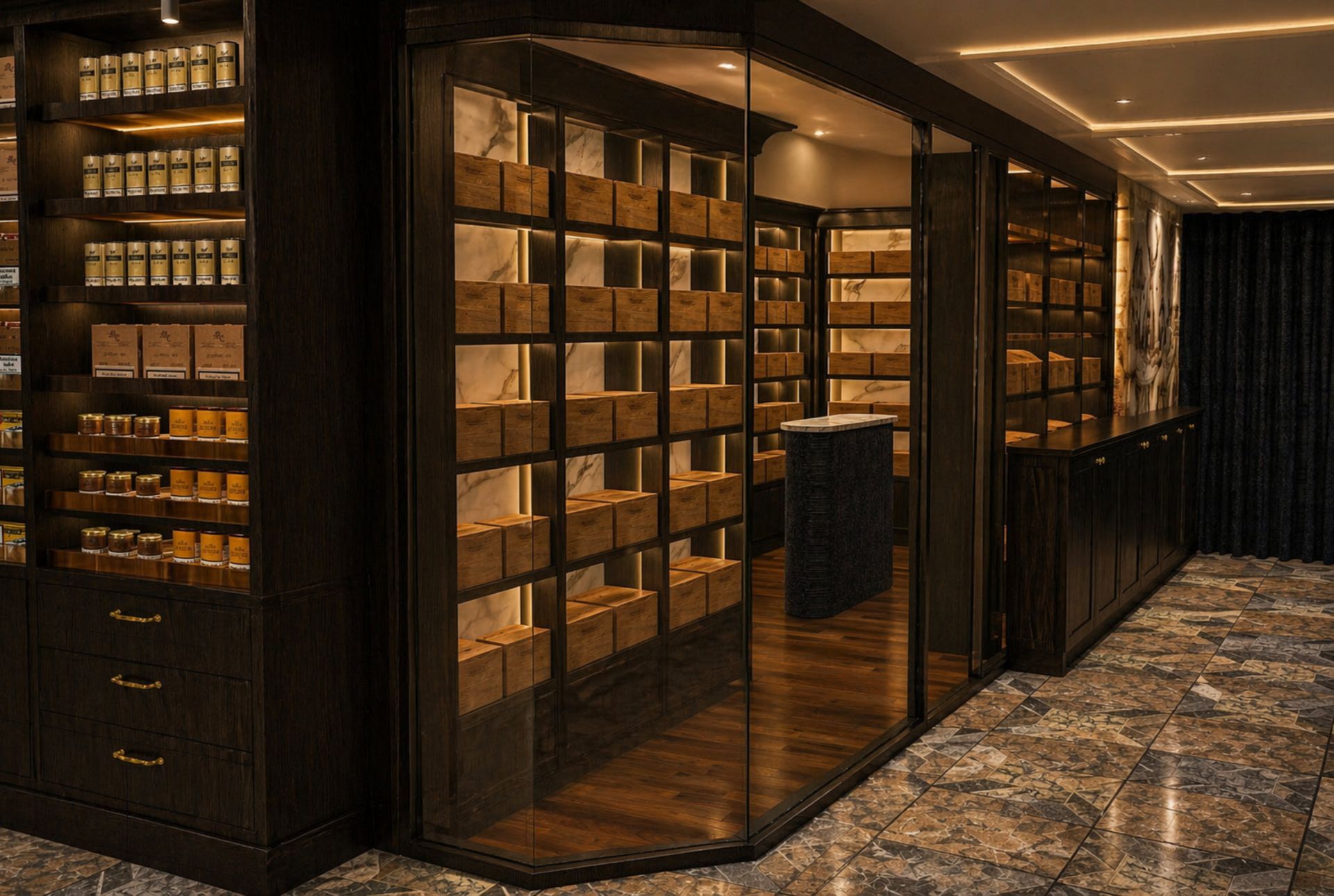 Innenarchitektur Rendering eines exklusiven Humidorbereichs mit dunklem Holz, warmem Licht und hochwertigem Ladenbau