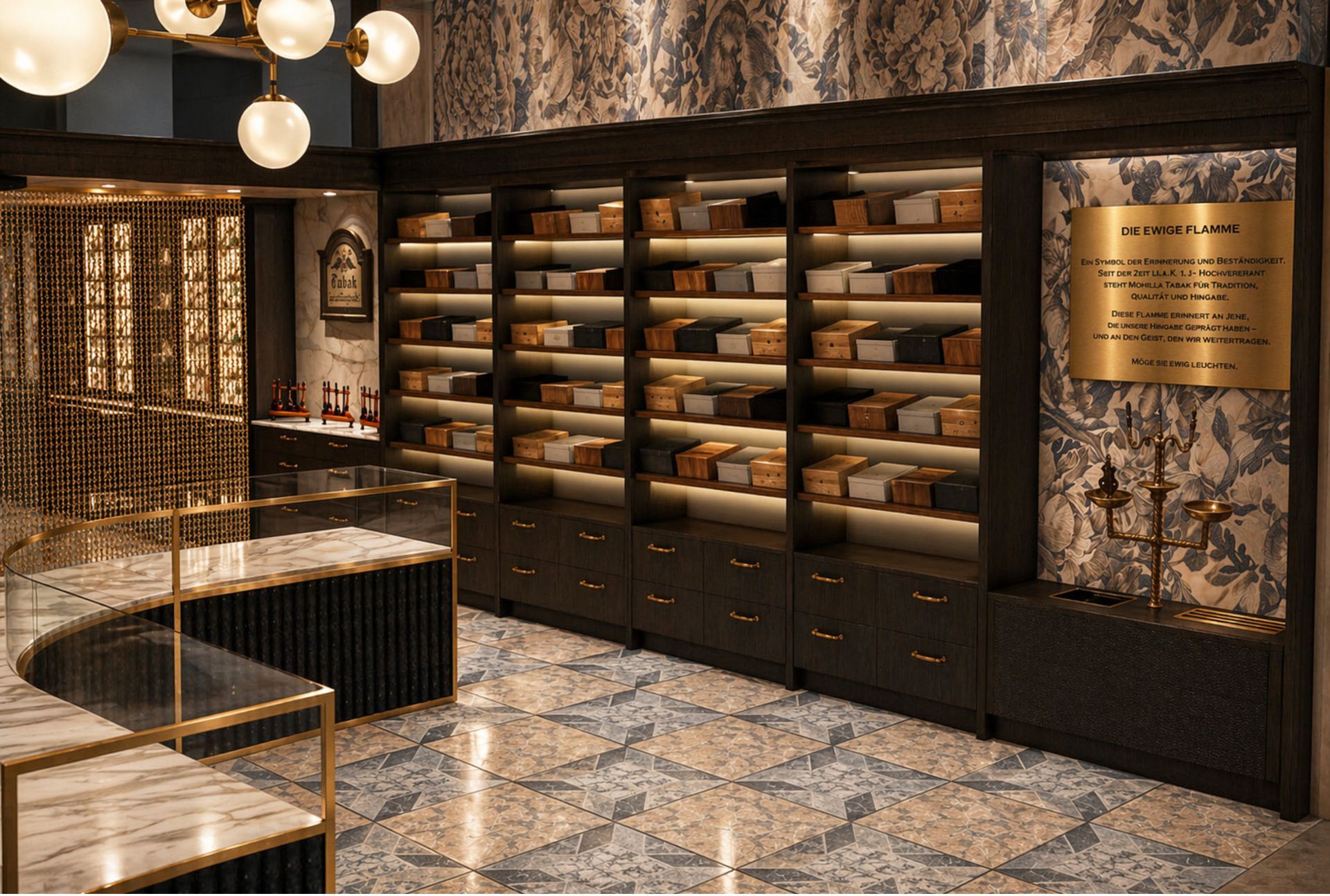 Rendering hochwertiger Humidor- und Tabakregale mit Messingdetails und luxuriöser Materialgestaltung im Shopdesign