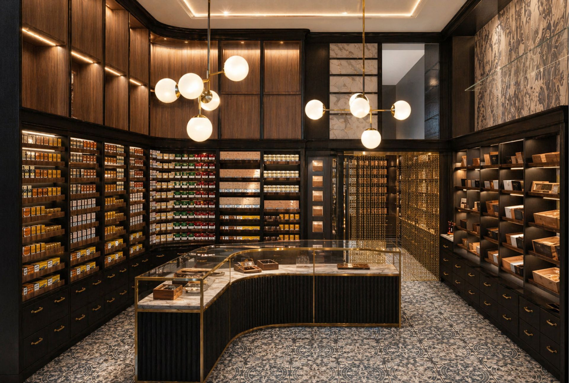 Fotorealistisches Rendering eines eleganten Tabakfachgeschäfts mit dunkler Holzvertäfelung, Designbeleuchtung und geschwungenem Verkaufspult