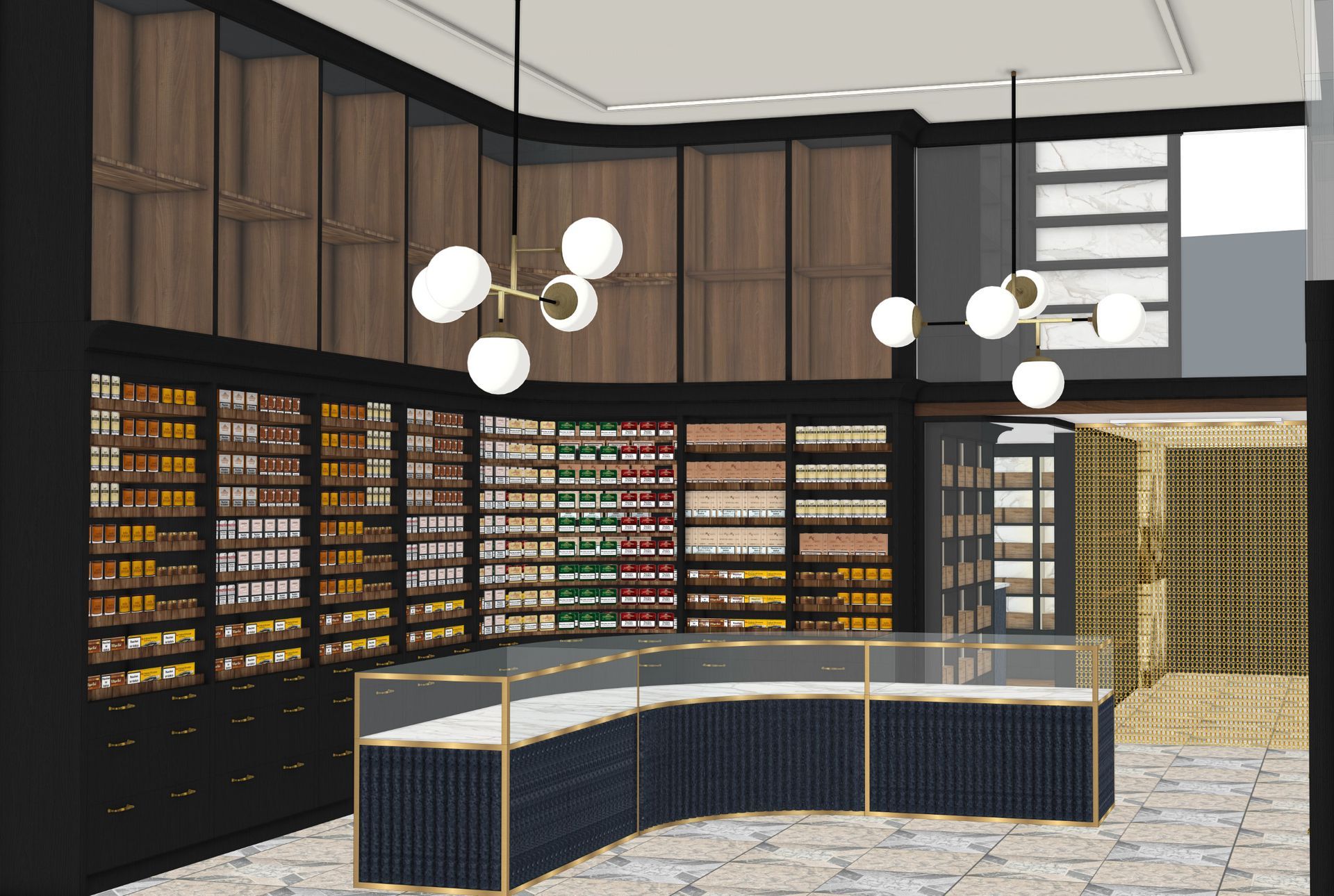 Vorentwurf Shopdesign Tabakfachgeschäft Wien mit dunklem Holz, geschwungenem Vitrinenpult und eleganter Beleuchtung – 3D Visualisierung