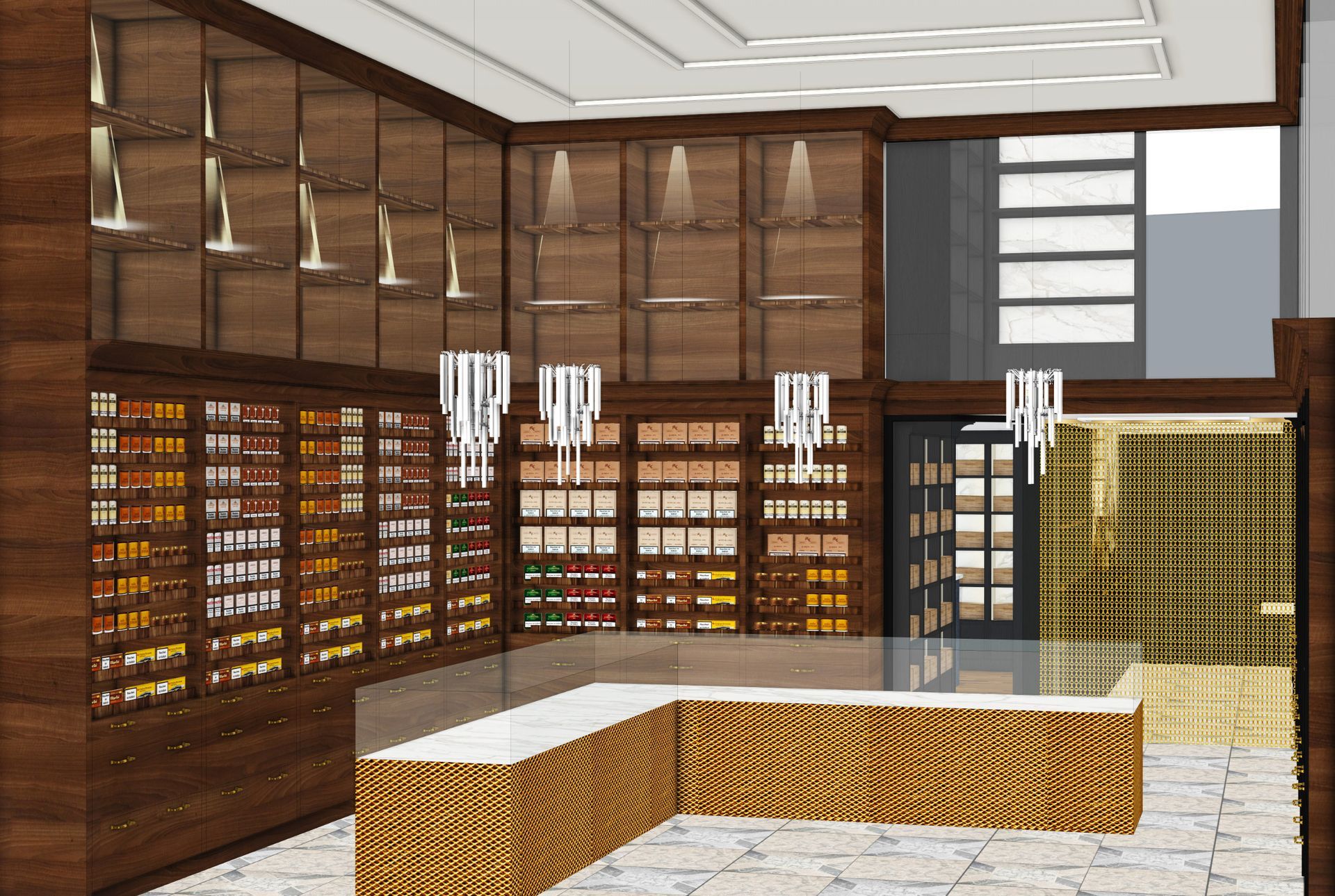 3D Visualisierung eines exklusiven Tabakfachgeschäfts mit warmem Holz, Messingdetails und hochwertigem Verkaufsraumkonzept