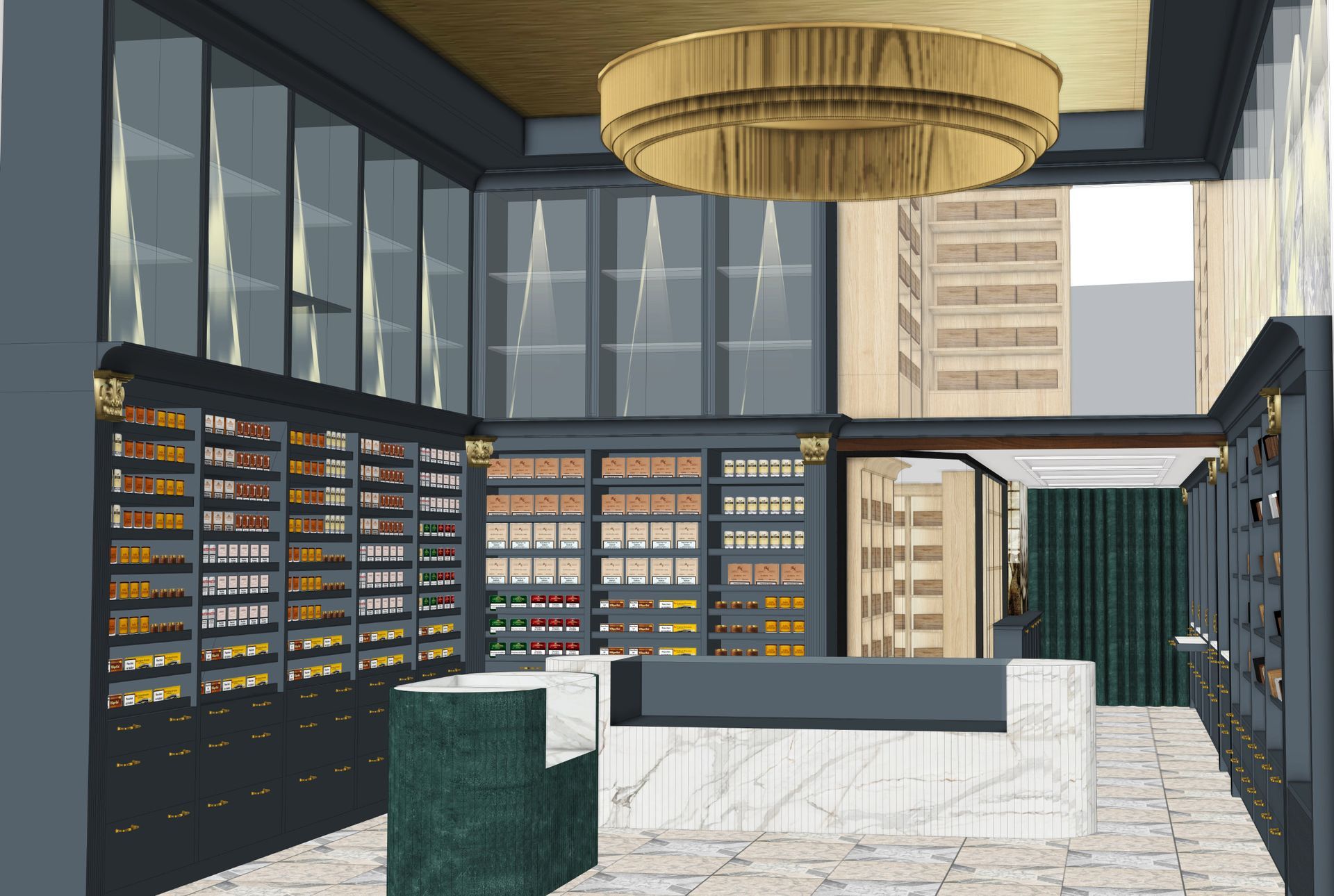 Vorentwurf für luxuriöses Shopdesign eines Zigarren- und Tabakgeschäfts in Wien mit großem Luster und Humidorbereich