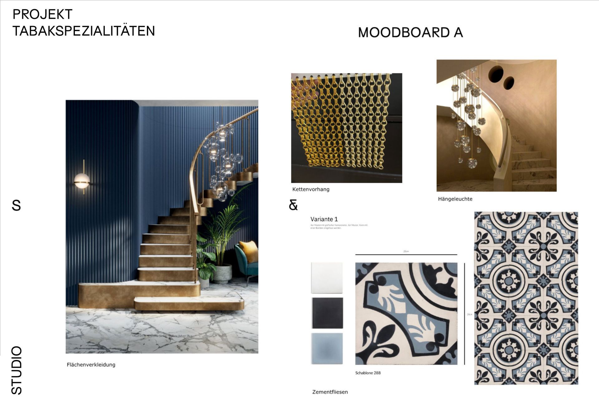 Moodboard und Materialkonzept für hochwertiges Shopdesign in Wien mit Humidor-Inspiration, Messing und Zementfliesen