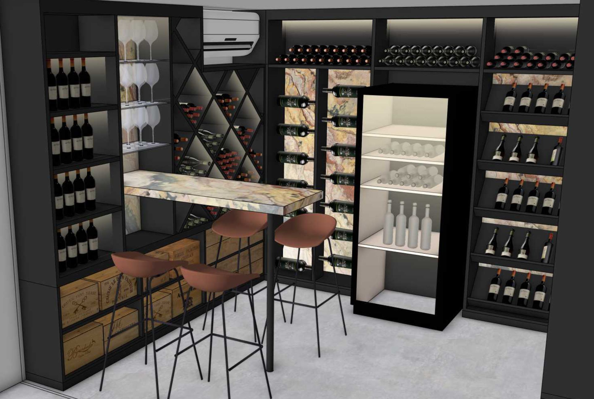 3D Visualisierung eines modernen Weinkeller-Konzepts mit Verkostungstisch, Weinregalen, Weinkühlschrank und großzügigem Stauraum für Weinflaschen