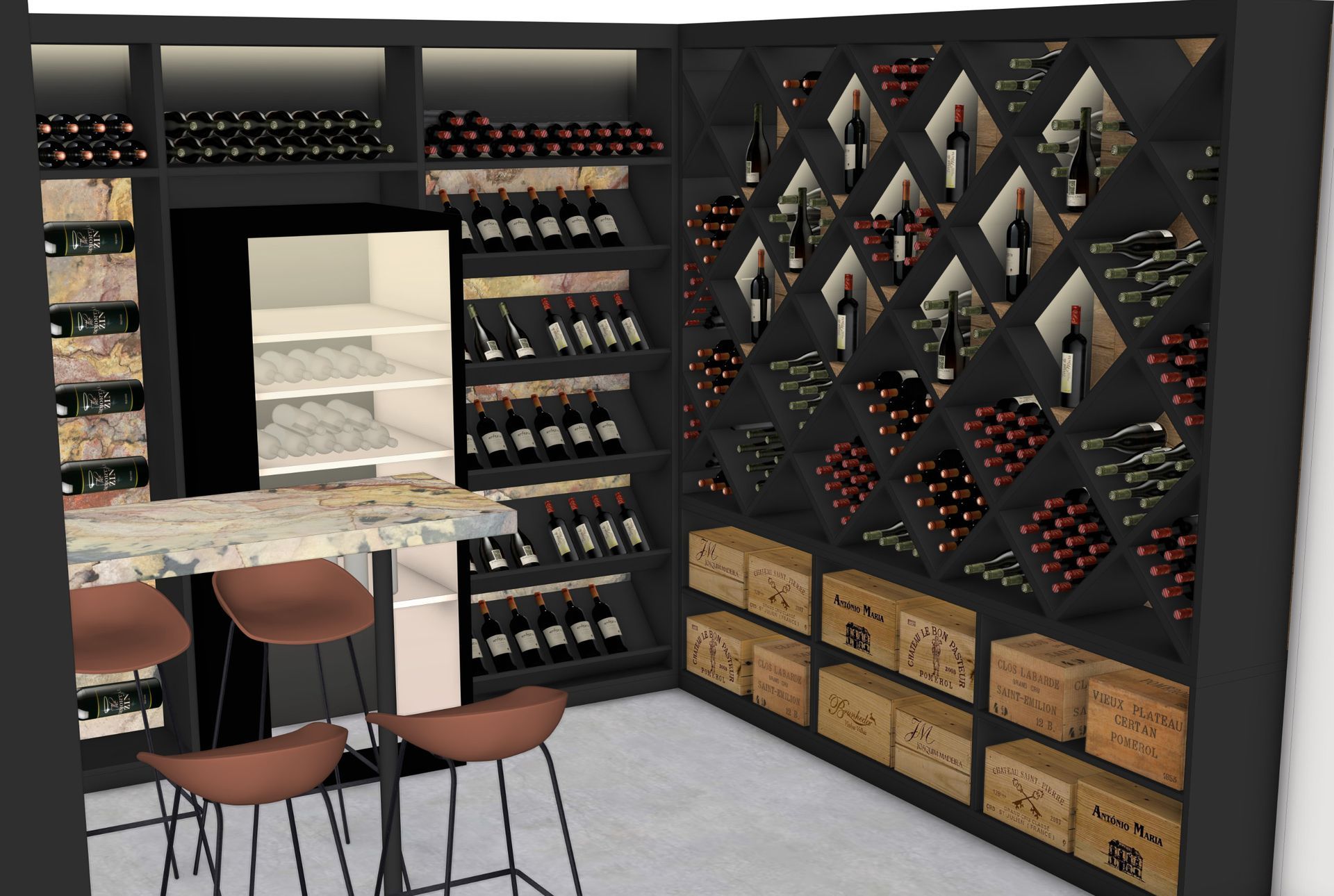 SketchUp Visualisierung eines hochwertigen Weinkellers mit beleuchteten Weinregalen, Holzdetails, Weinpräsentation und funktionaler Lagerlösung für Vinothek oder privaten Genussraum
