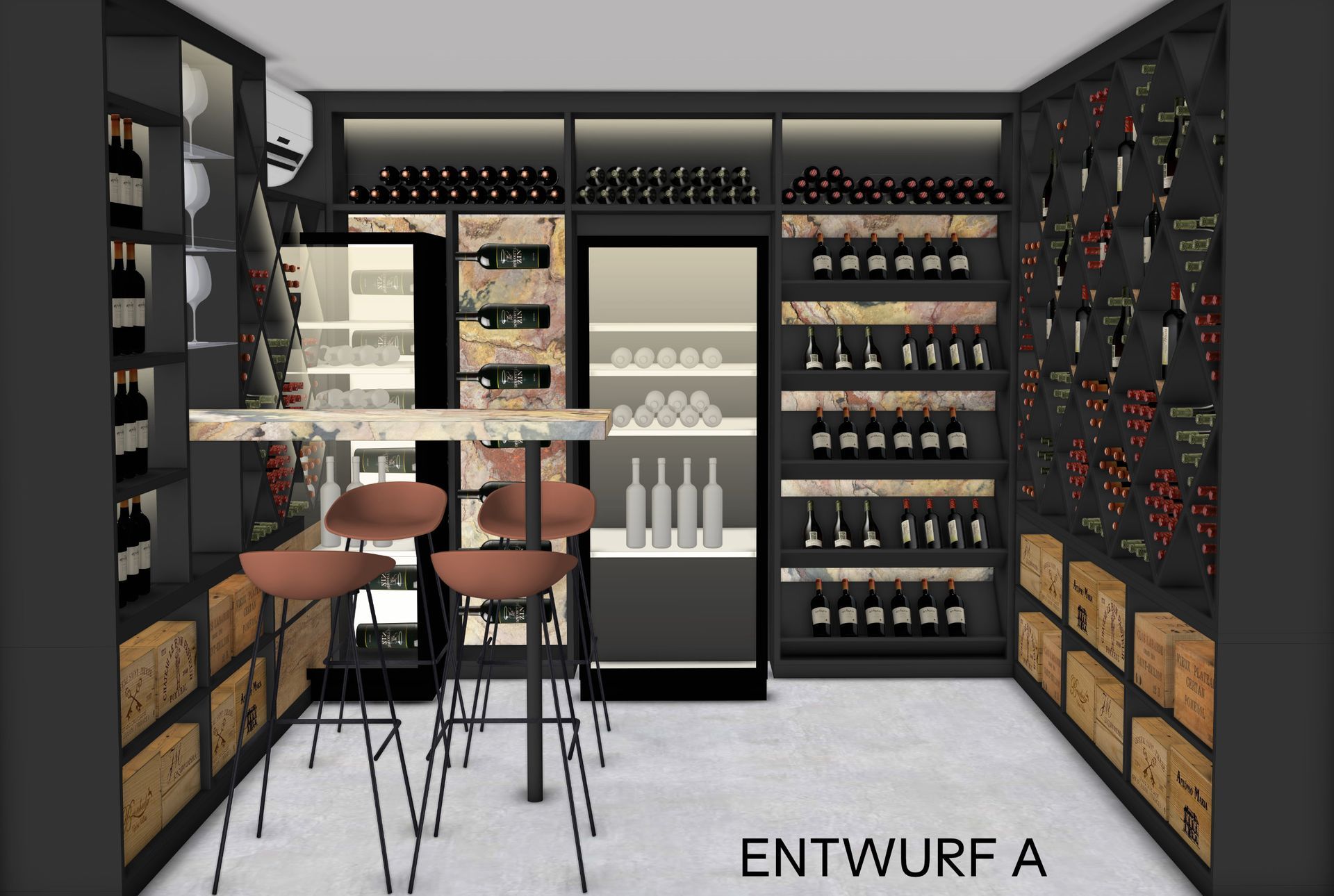 Moderner Weinkeller mit eleganten dunklen Weinregalen, integriertem Weinkühlschrank, Verkostungstisch aus Steinoptik und stimmungsvoller Beleuchtung für exklusive Weinlagerung und Weinverkostung