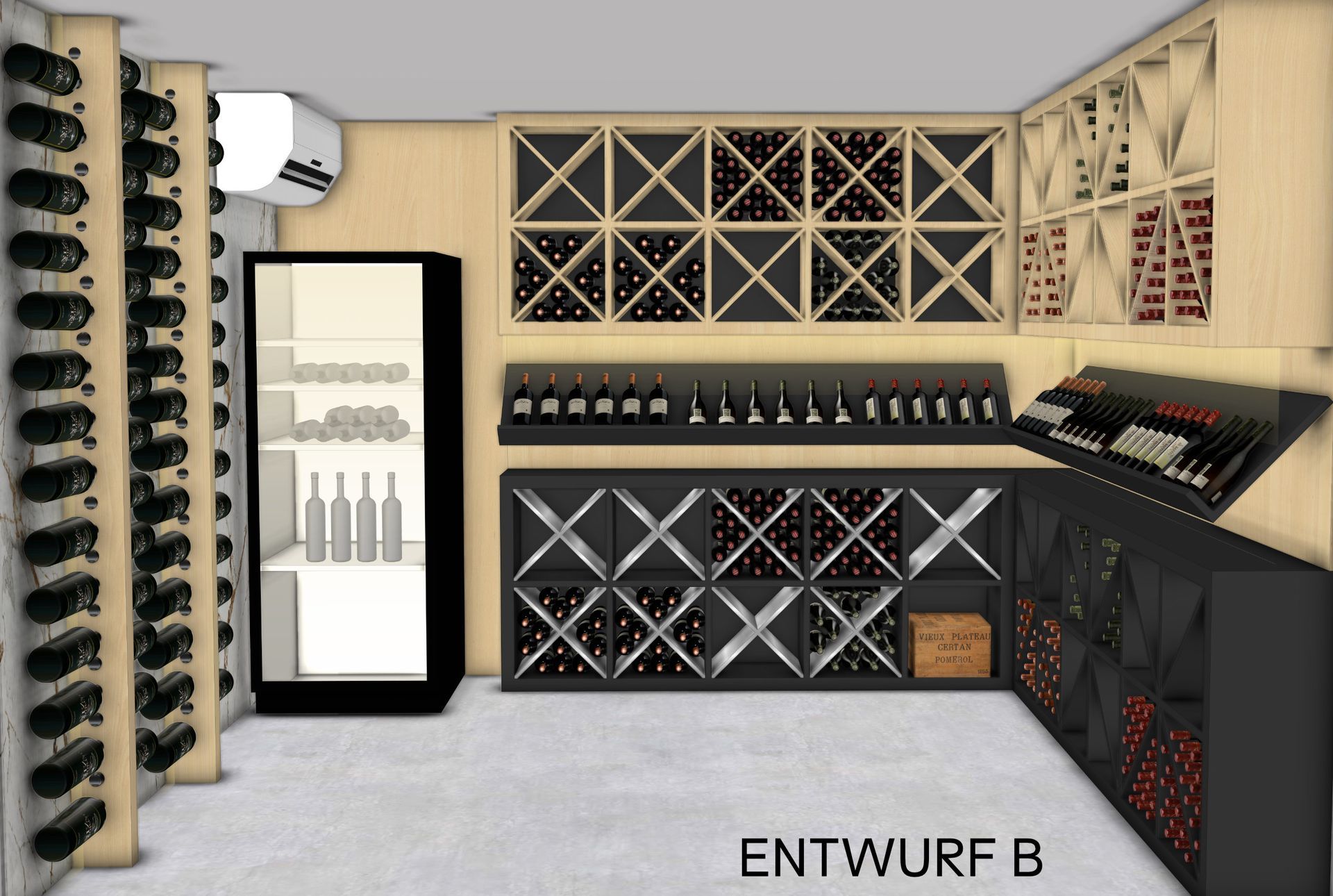Weinkeller Design mit hellen Holzregalen, diagonalem Flaschenregal, schwarzem Weinpräsentations-Regal und integriertem Kühlschrank für stilvolle Weinpräsentation und Stauraum
