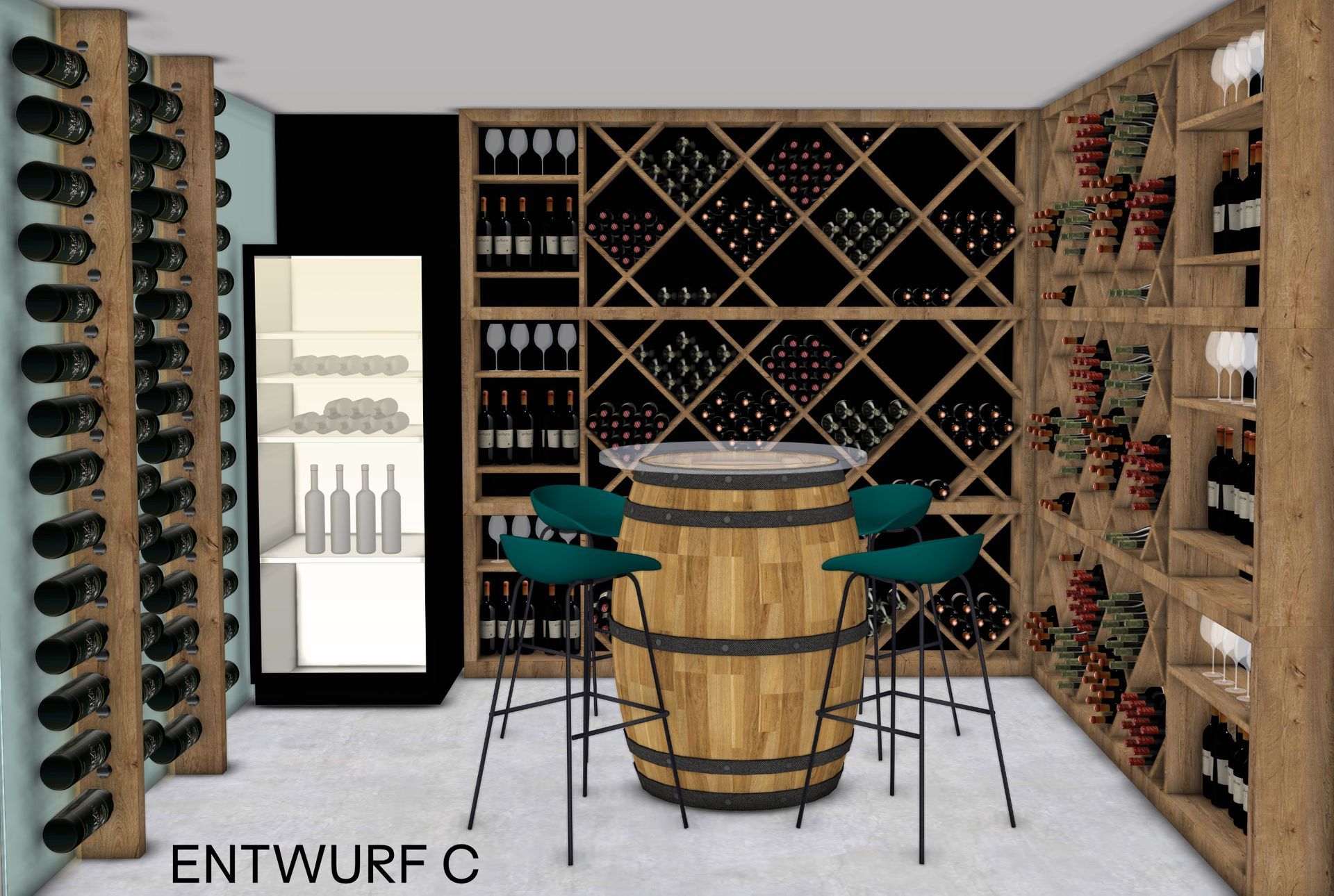 Rustikaler Verkostungsraum mit Weinfass-Stehtisch, offenen Weinregalen,Tafeloptik Rückwand und großzügiger Weinlagerung im Vinothek- und Gastrostil