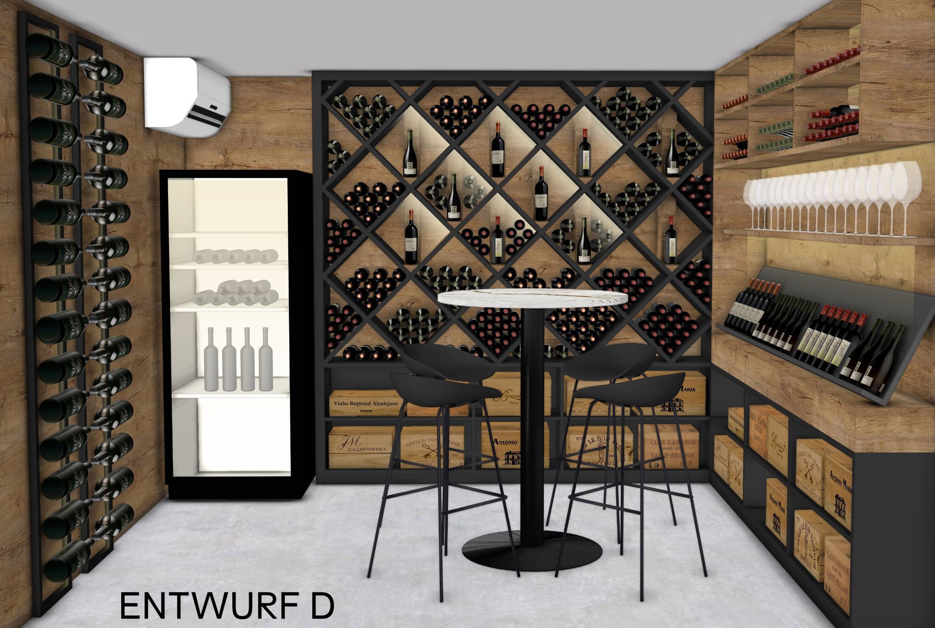 Eleganter Weinkeller mit beleuchteten Metallregalen, dunklen Materialien, Verkostungsbereich mit Hochtisch und filigranen Barhockern, hochwertige Präsentation für exklusive Weinräume und Wine Lounge Konzepte