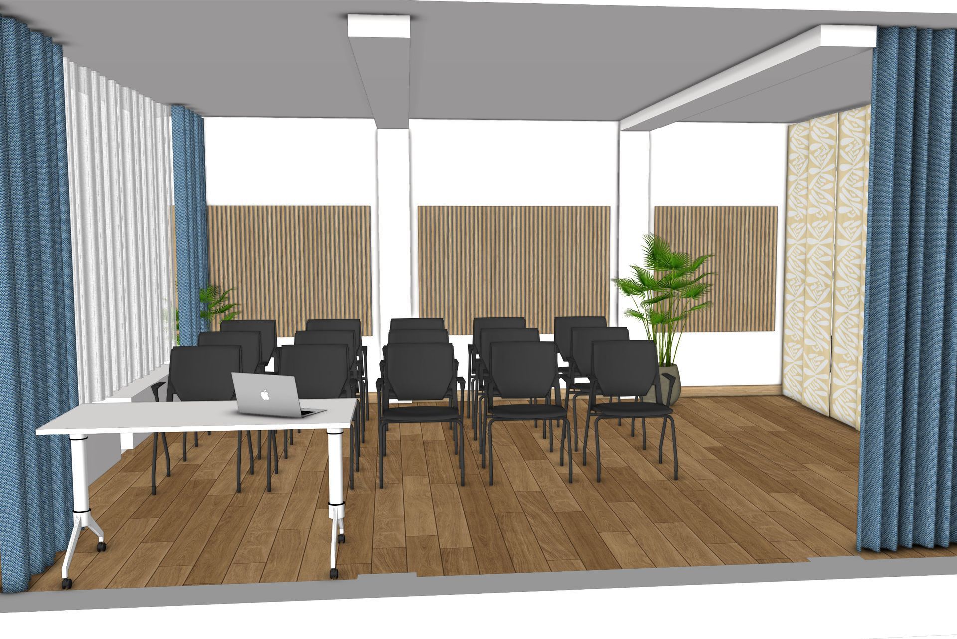 3D-Visualisierung des Bildungsraums mit Seminarbestuhlung und mobiler Raumaufteilung