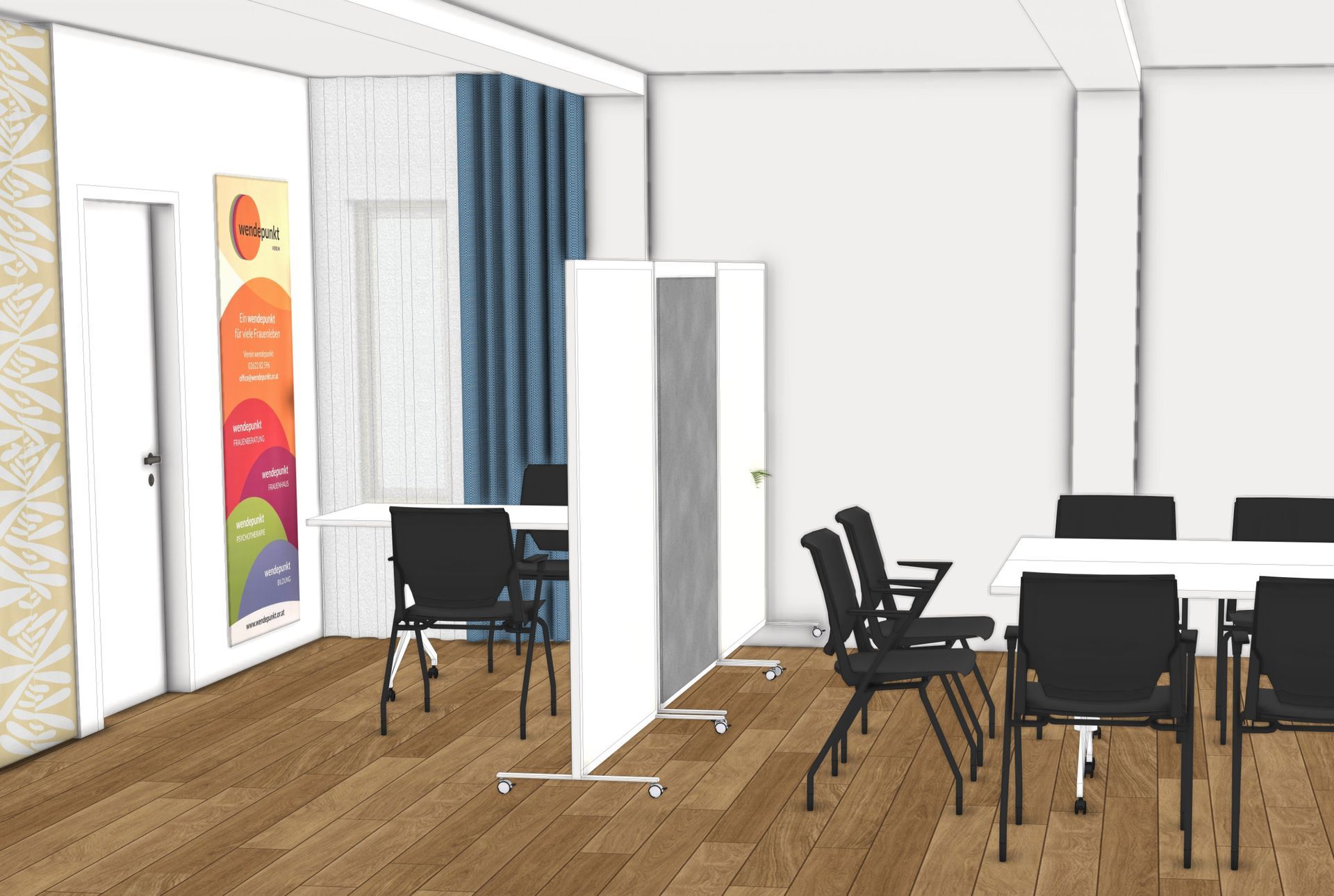 3D-Visualisierung des Gruppenraums mit mobilen Raumteilern und flexibler Nutzung für Beratungen und Workshops