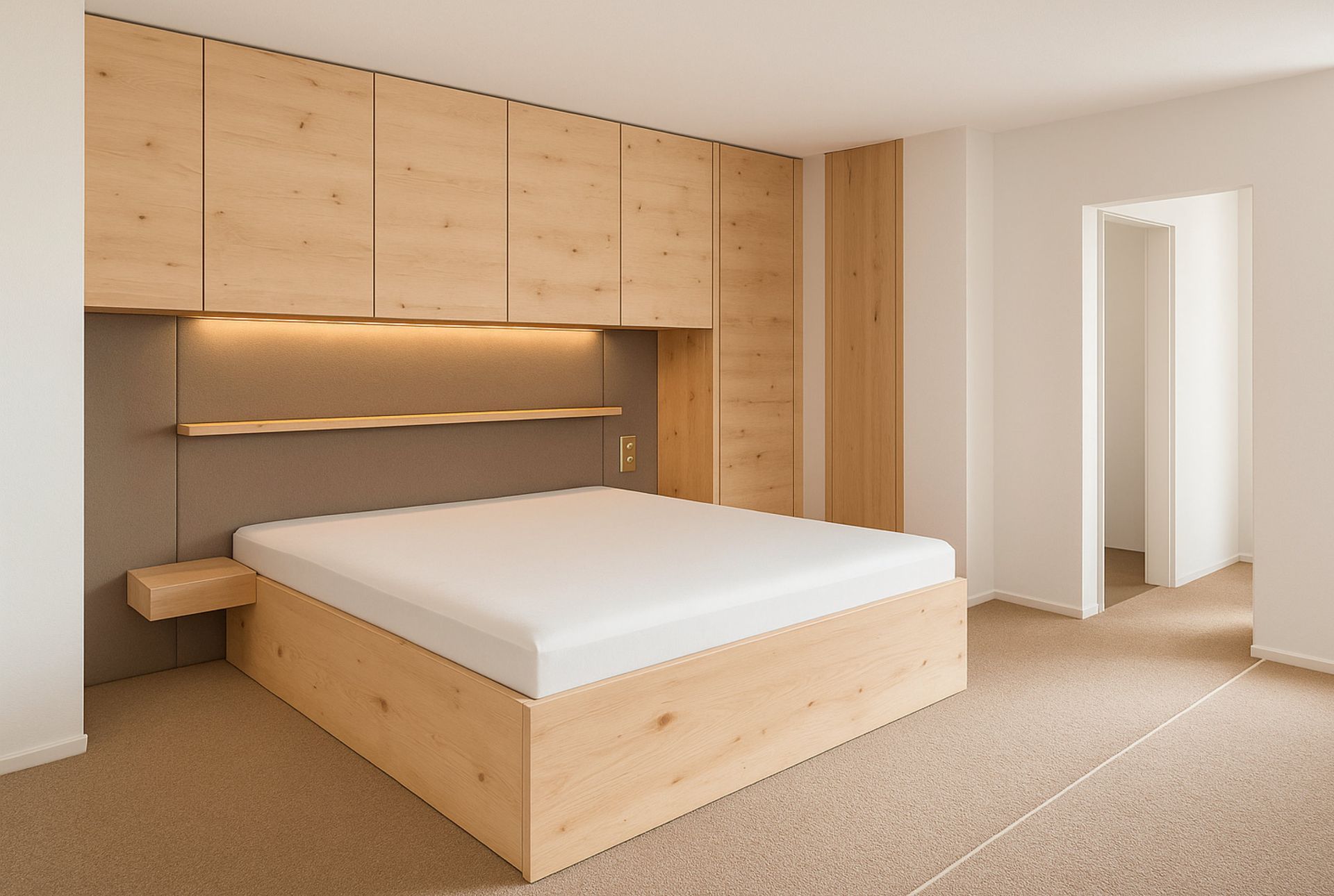 Schlafzimmer mit hellem Holzbettgestell und Schränken; neutrale Farben.