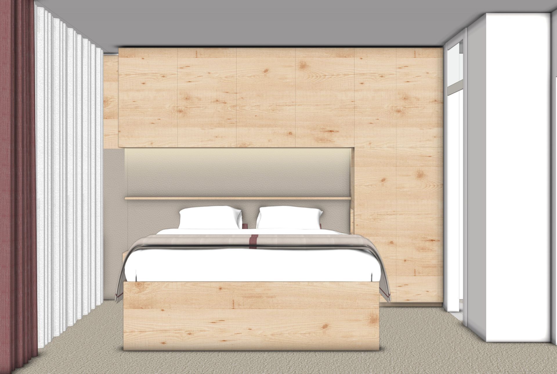 3D-Visualisierung: Frontansicht des modernen Schlafzimmerdesigns mit Zirbenholz, sandbeigem Kopfteil und indirekter Beleuchtung