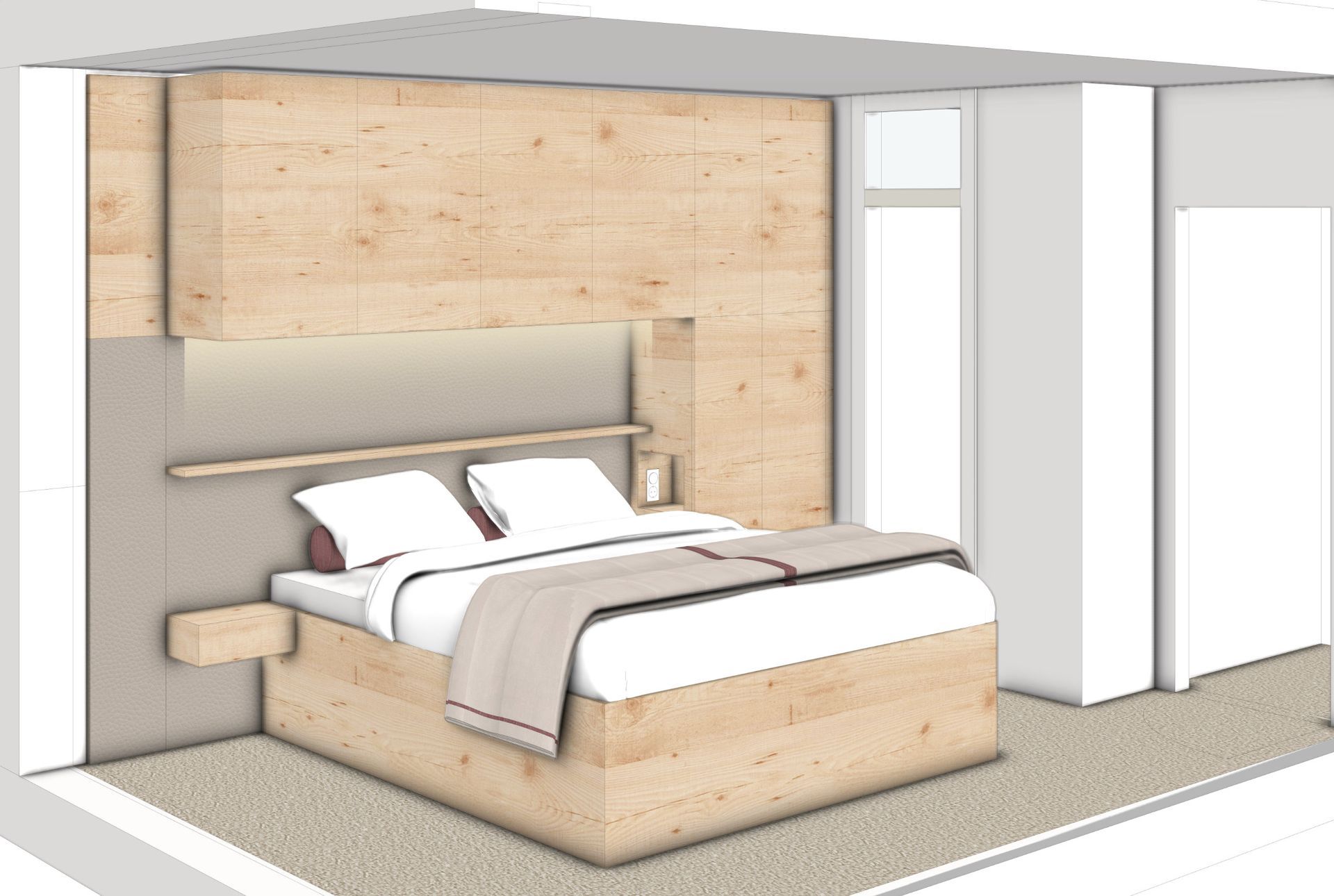 Moderne Schlafzimmer-Visualisierung mit schlichtem Bett, grifflosen Zirbenfronten und reduziertem Hotelzimmer-Design