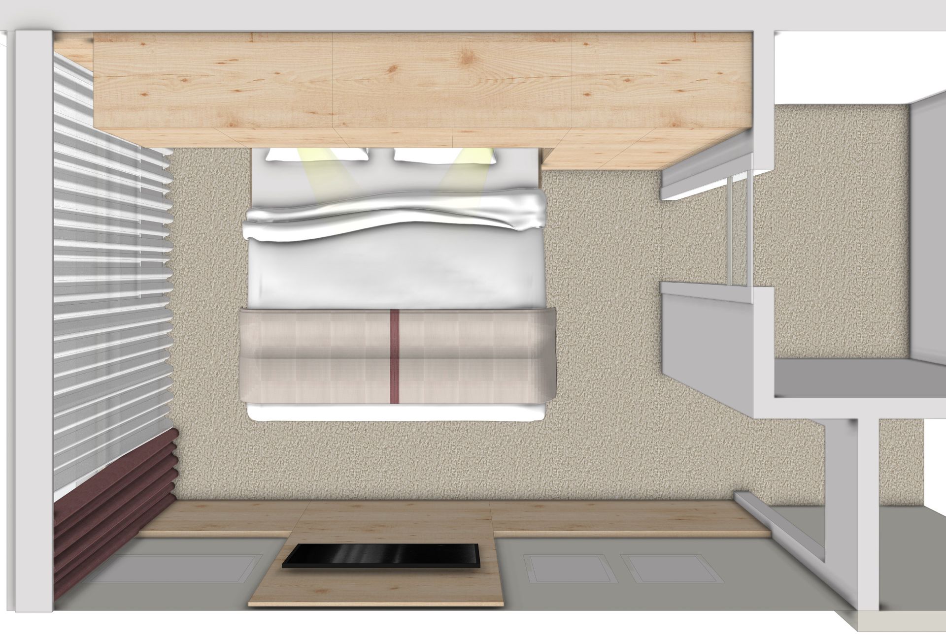 Draufsicht der Schlafzimmerplanung mit Stauraumbett, maßgefertigtem Verbau und optimierter Raumaufteilung im kleinen Schlafzimmer