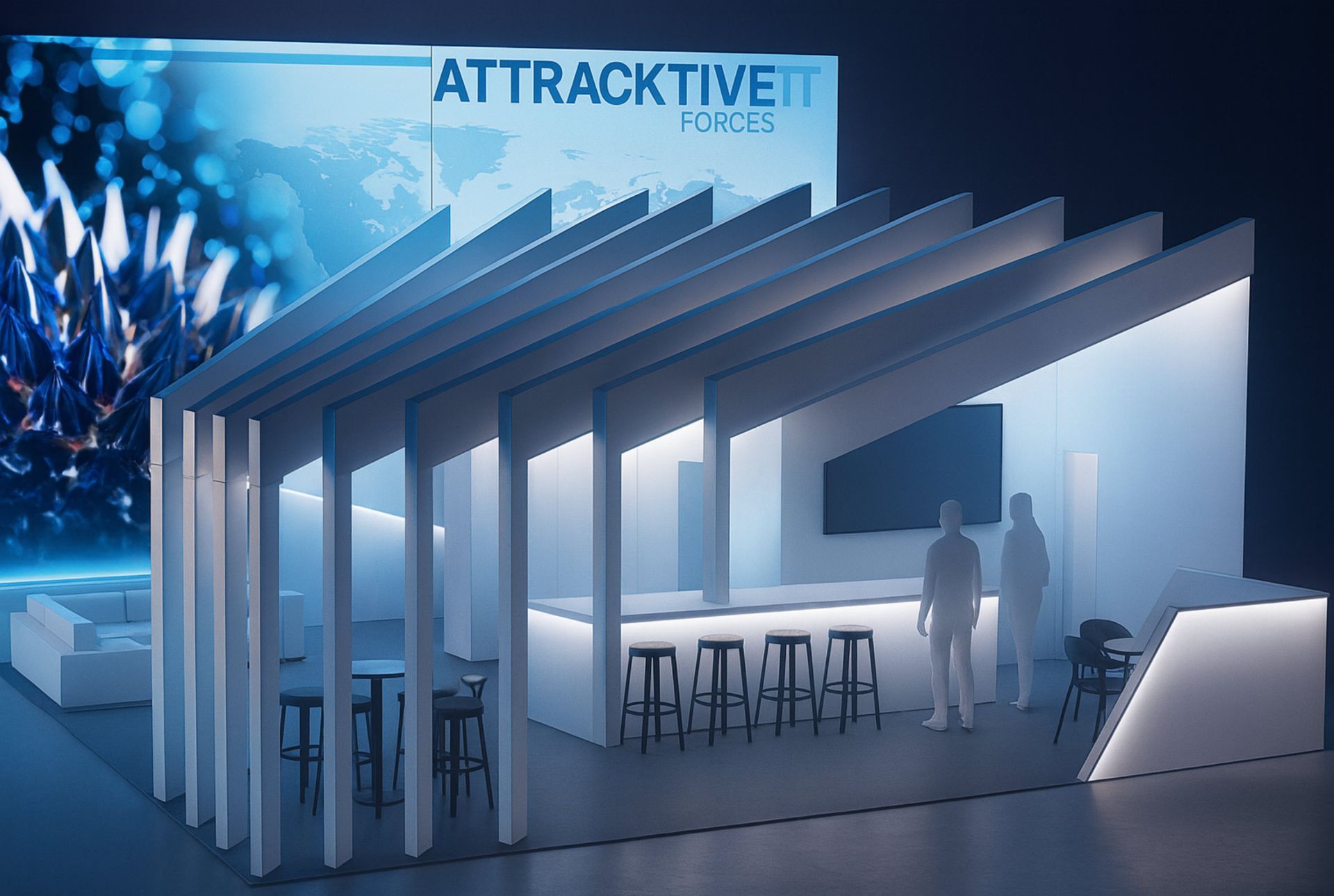 Weißer, moderner Messestand mit Barhockern und Lounge-Bereich, blaue Akzente.