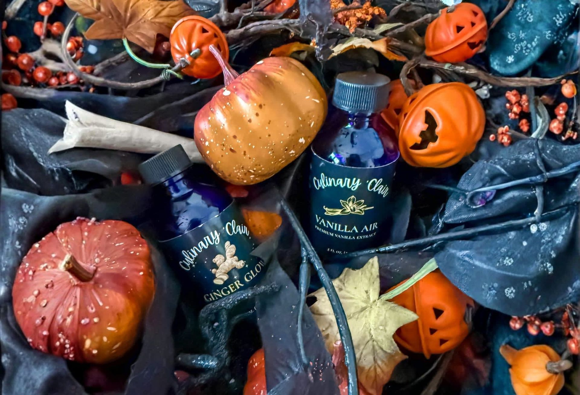 Pumpkins and bottles.