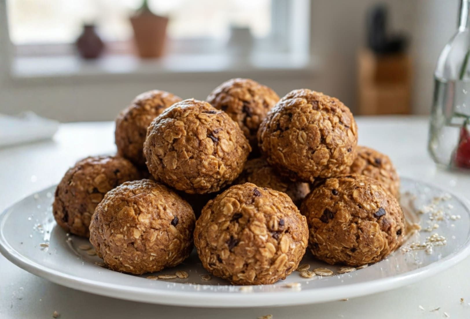 Plate of oatmeal energy bites, stacked with visible chocolate chips, on a white plate.
