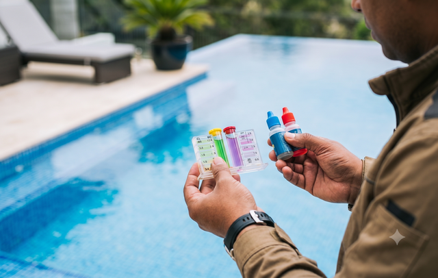 Person holding pool water test strips and bottles beside a swimming pool