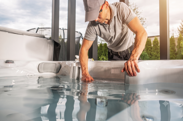 Man cleaning a hot tub, reaching into the water beside a white spa outdoors