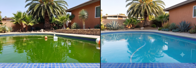 Split-view of a backyard pool, showing green water on the left and clear blue water on the right, with palm tree and house.