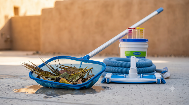Blue pool cleaning tools and debris net on a concrete surface outdoors, with buckets in the background