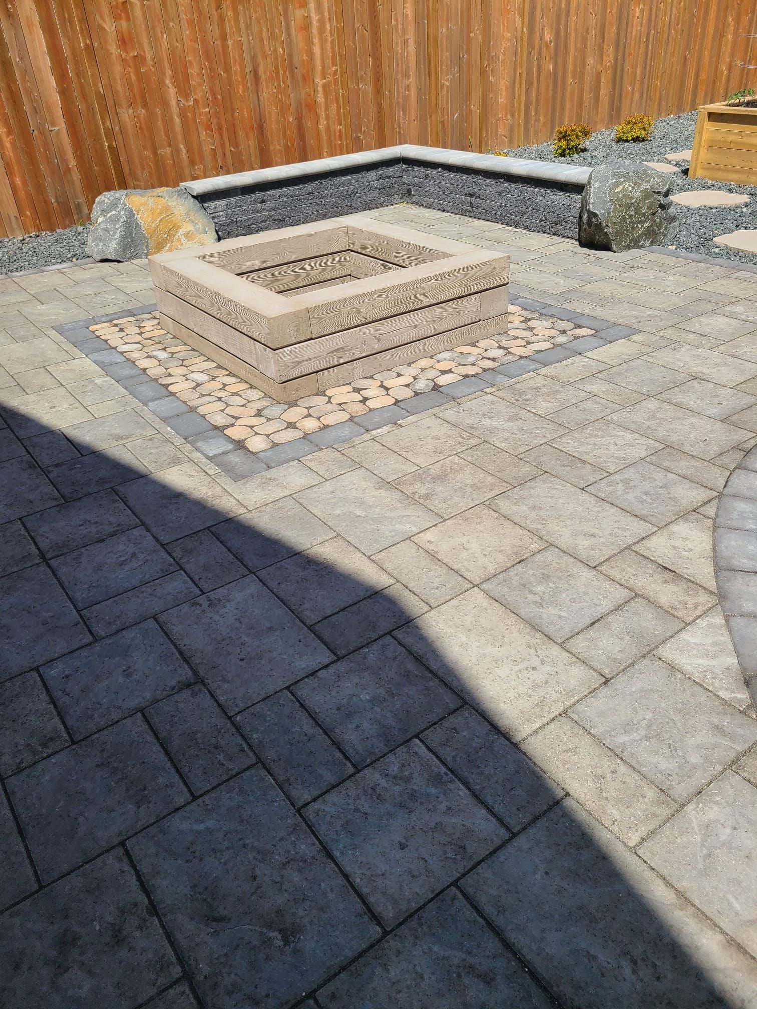 There is a fire pit in the middle of the patio.