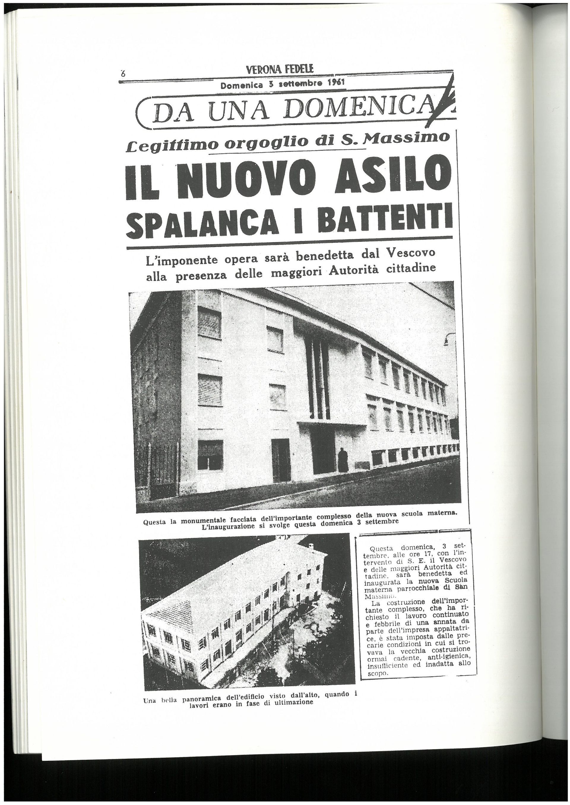 Prima pagina di un giornale d'epoca con un titolo italiano in grassetto e foto di un edificio e di un cortile.