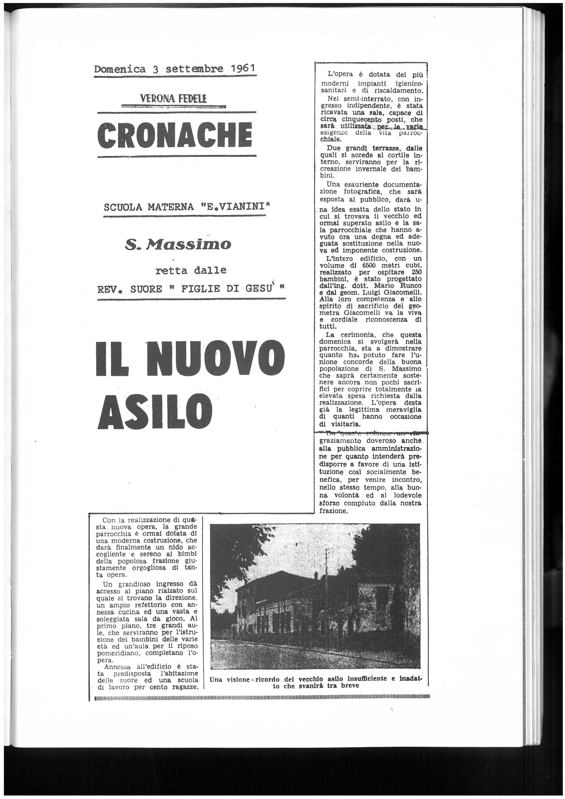 Pagina di rivista intitolata “IL NUOVO ASILO” con una piccola foto in bianco e nero e il testo dell'articolo.