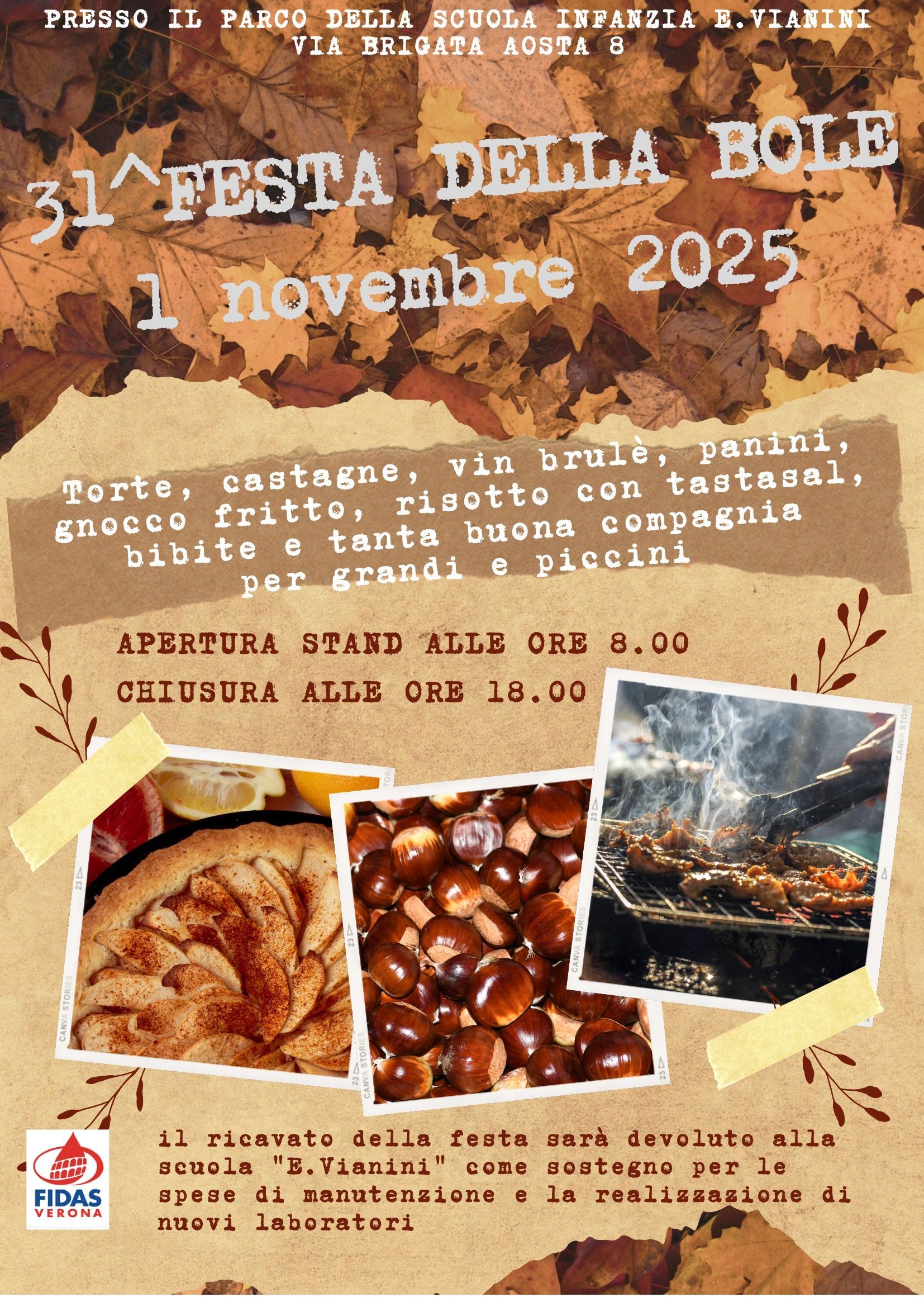 Locandina per la “31ª Festa della Rade” a Novoli, Italia, con foglie autunnali e foto di cibo.