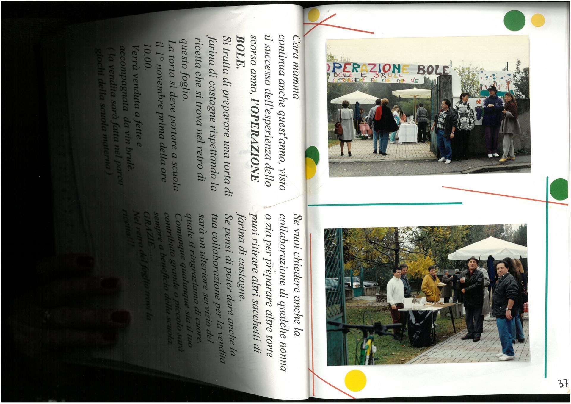 Libro aperto che mostra una pagina con due foto di un evento e del testo, decorato con cerchi colorati.
