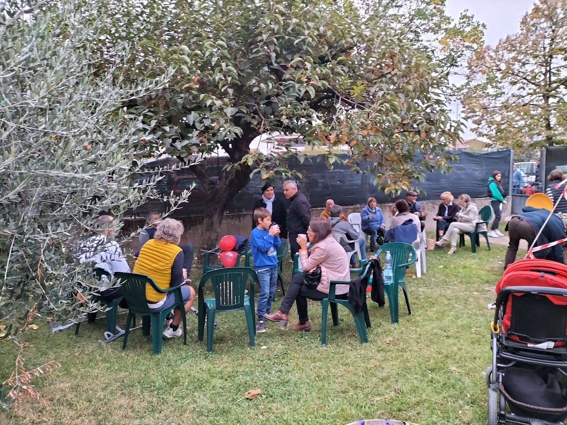 Persone sedute all'aperto, riunite sotto un albero, con sedie e un passeggino su un prato.