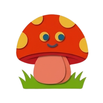 Simpatico fungo rosso con macchie gialle e una faccina sorridente sull'erba