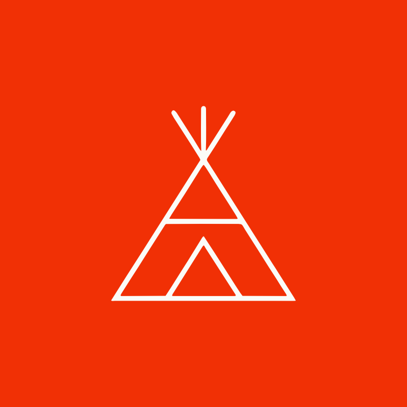 Logo a forma di teepee bianco su sfondo rosso