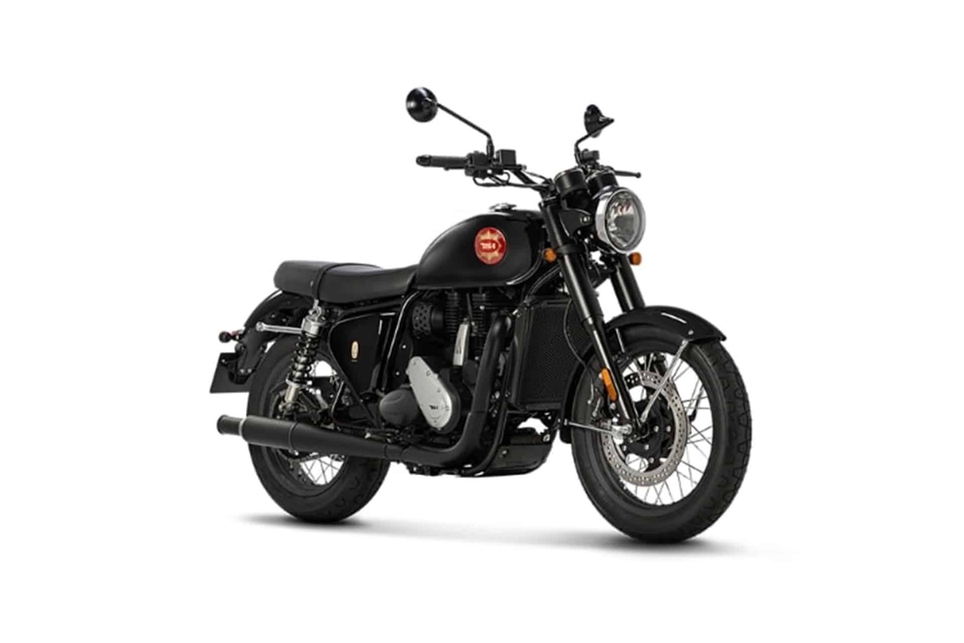 Black rental motorcycle with a round headlight, black frame, and orange logo on a white background.