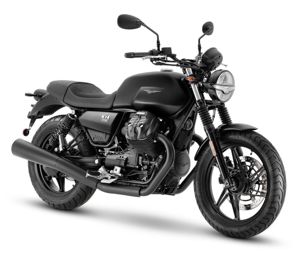 A black motorcycle is on a white background.