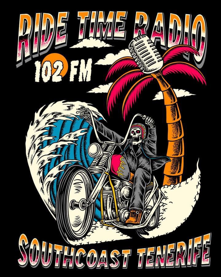 A skeleton is riding a motorcycle next to a palm tree.