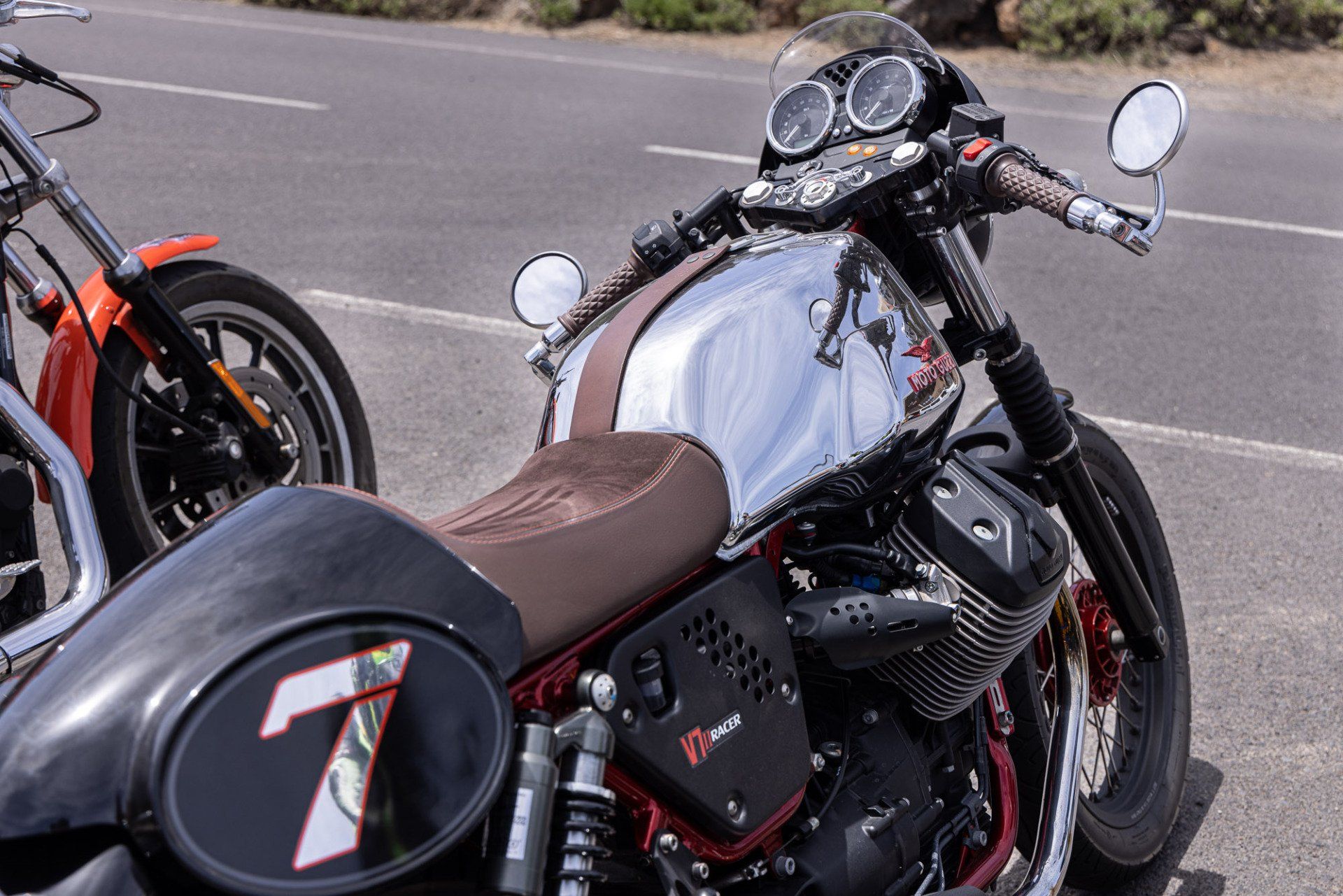 A motorcycle with the number 7 on the side of it