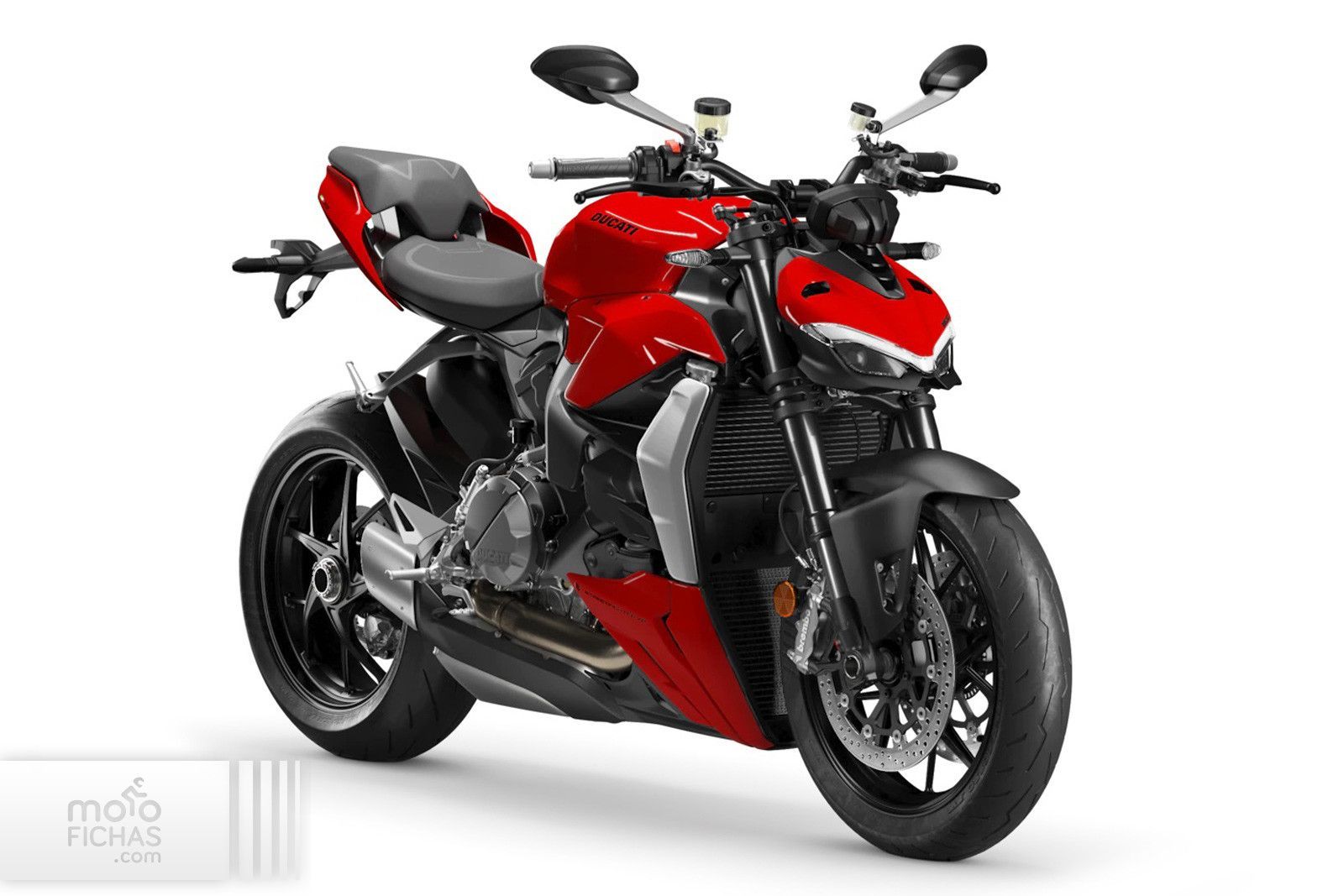 Red Ducati rental motorcycle, black wheels, on a white background.