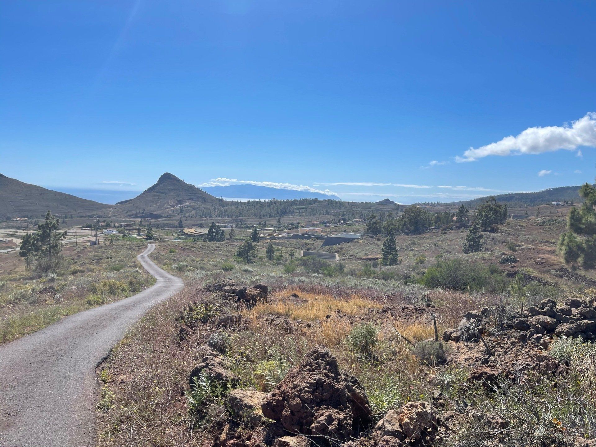 A dirt road going through a desert landscape with mountains in the background.