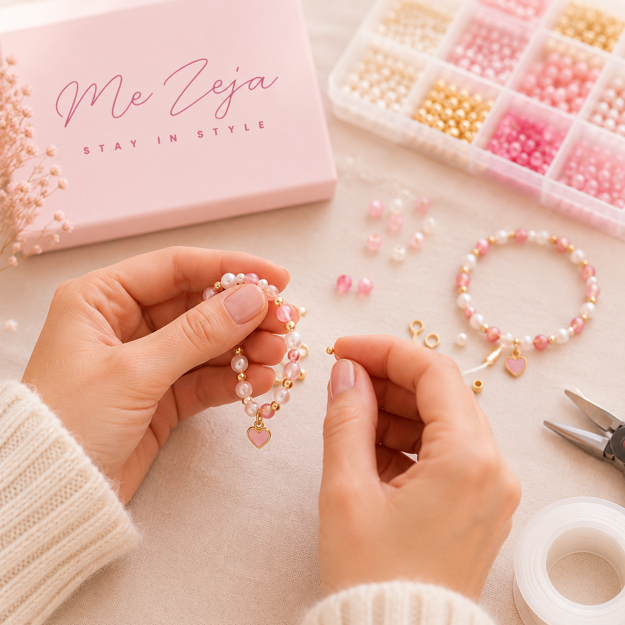 Hands stringing pastel beads for a bracelet on a pink beading workspace
