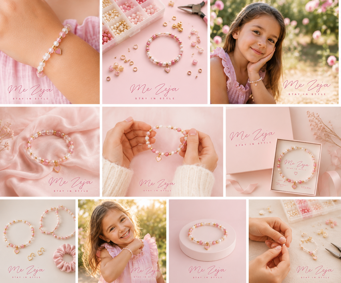 Pink beaded bracelet set with roses and a smiling child in a soft pastel collage