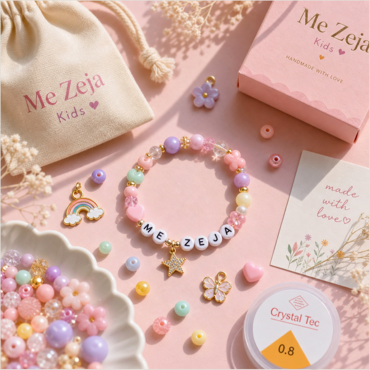 Pastel kids’ jewelry set with beaded bracelet, bows, and Me Zeia packaging on pink background