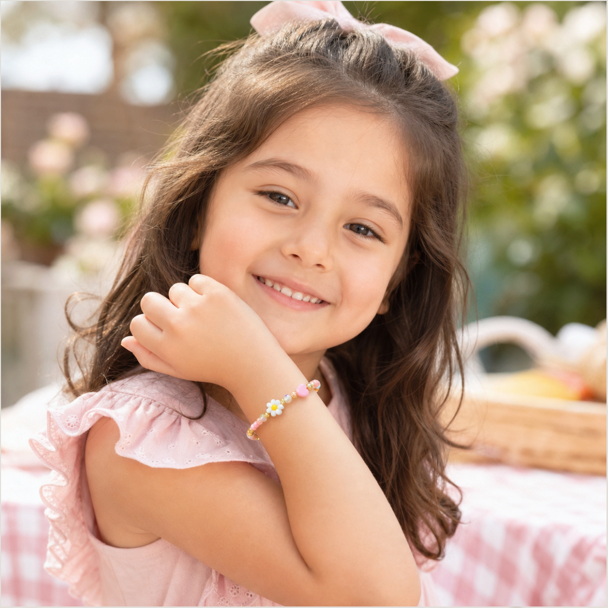 Smiling child with long hair and pink top, resting her chin on her hand outdoors.