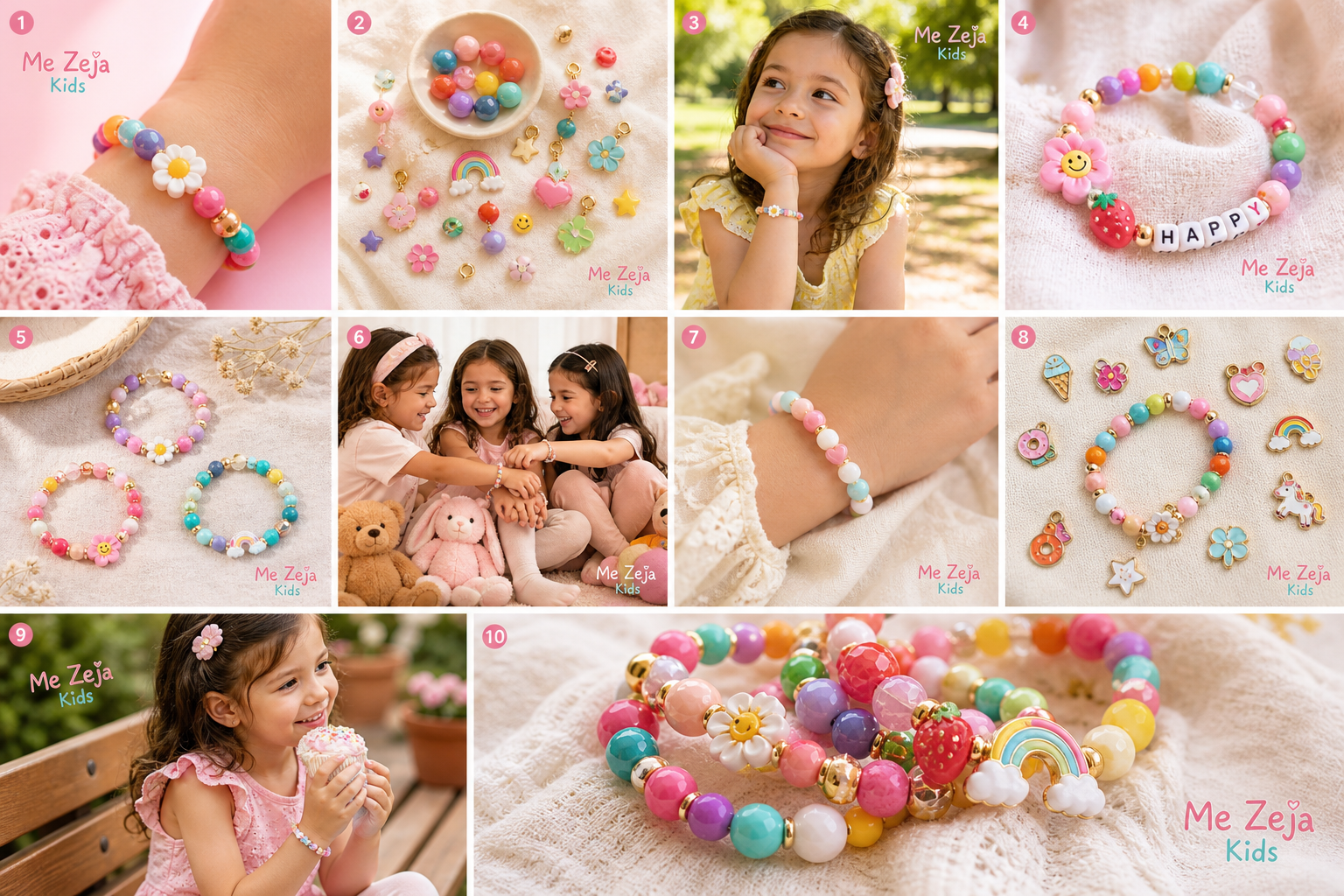 Colorful beaded bracelets and rings on hands, displayed in a bright pastel collage with smiling children