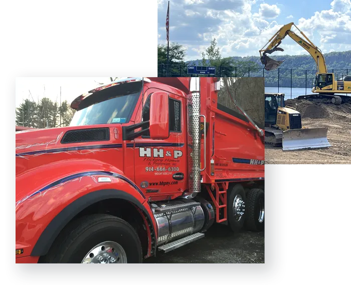 A red dump truck is parked next to a yellow excavator.