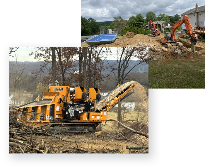 Three construction scenes: a wood chipper processing debris, an excavator digging, and a pool being built.