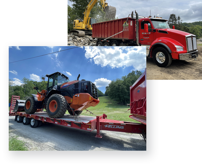 A red semi-truck being loaded with demolition debris by an excavator, and a large wheel loader on a flatbed