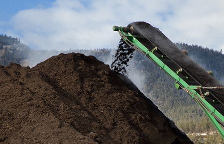 A green conveyor belt deposits dark mulch onto a large pile against a backdrop of trees and a partly cloudy sky.