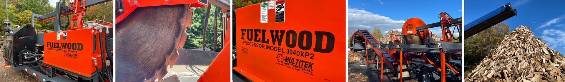 An orange firewood processor splitting logs. The machine is in operation, and a pile of split firewood is visible.